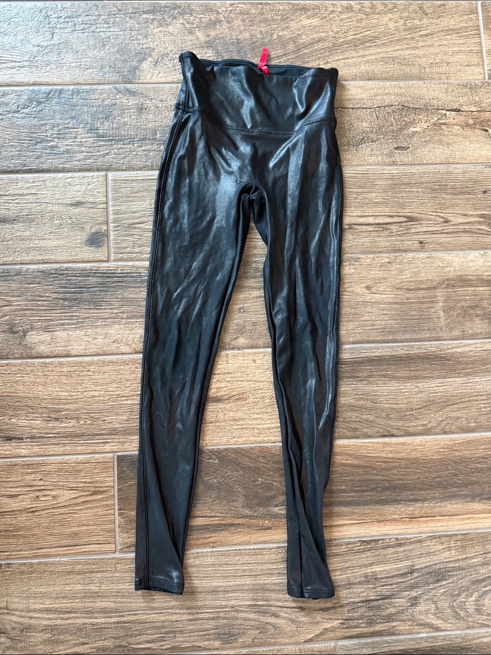 SPANX Black Faux Leather-Look Leggings with Red Tag